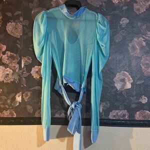 Sheer Light Blue Puff-Sleeve Tie-Back Blouse